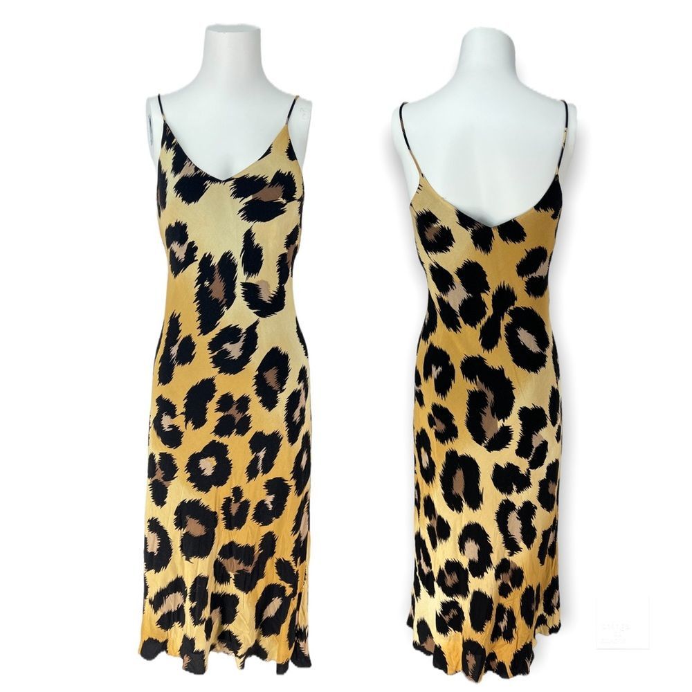 Vintage 90s Nicole Miller Midi Dress womens size 6 leopard print tan black